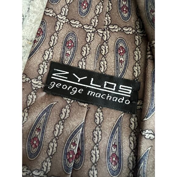 Zylos George Machado 100% Italian Silk Neck Tie Taupe Blue JL - Picture 4 of 8